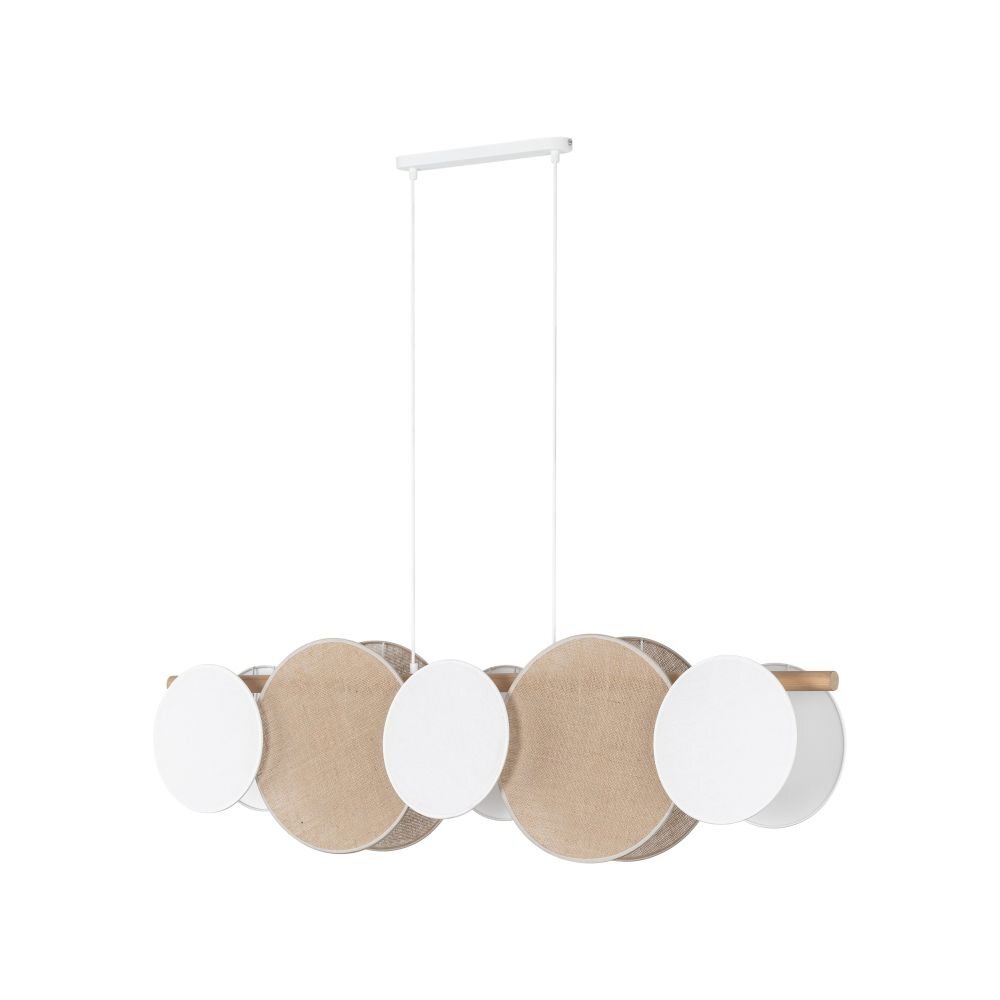 Lampa wisząca z pięcioma okrągłymi kloszami w kolorze białym i brązowym, z elementami z drewna sosnowego. Klosze są zawieszone na dwóch cienkich przewodach przymocowanych do prostokątnej podstawy sufitowej.