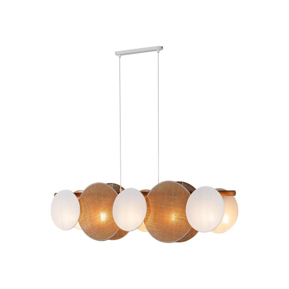 Lampa wisząca z pięcioma okrągłymi kloszami w kolorze białym i brązowym, z elementami z drewna sosnowego. Klosze są zawieszone na prostokątnej, białej podstawie sufitowej.