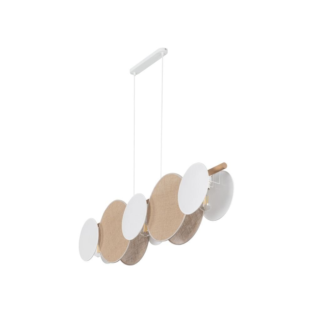 Lampa wisząca złożona z pięciu okrągłych elementów w kolorach białym i brązowym, z drewnianym akcentem. Elementy są zawieszone na dwóch cienkich przewodach przymocowanych do prostokątnej podstawy.