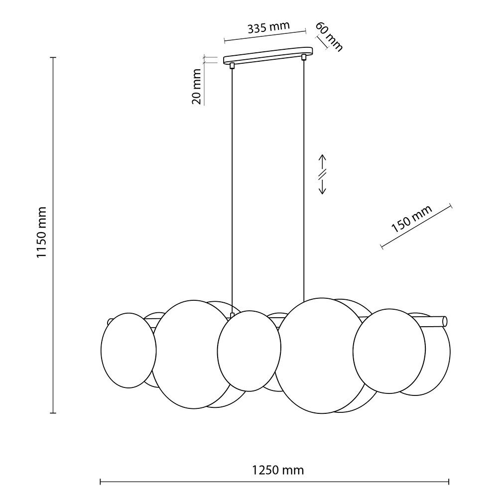 Schemat lampy wiszącej z wymiarami: wysokość 1150 mm, szerokość 1250 mm, długość podsufitki 335 mm, wysokość podsufitki 20 mm, średnica klosza 150 mm. Lampa składa się z kilku okrągłych elementów ułożonych w linii poziomej.