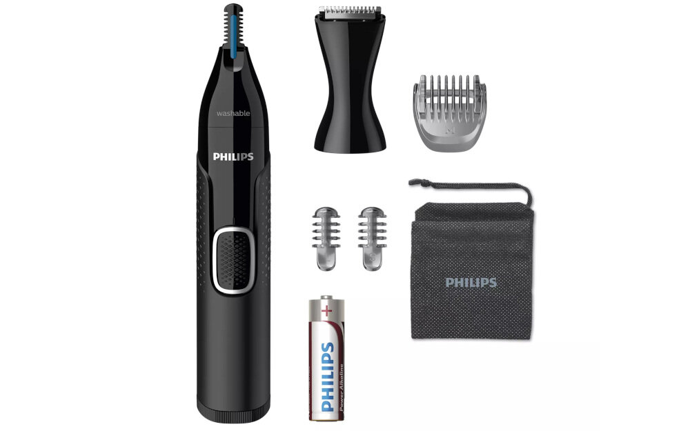 Na obrazie znajduje się czarny trymer z logo PHILIPS, kilka wymiennych końcówek, bateria, etui oraz nasadka ochronna. Widoczny jest również napis \'washable\' na trymerze.