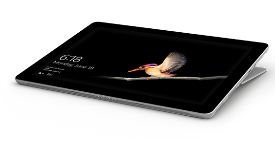 Tablet z wyświetlaczem pokazującym kolorowego ptaka na gałęzi oraz godzinę 6:18 i datę Monday, June 18.