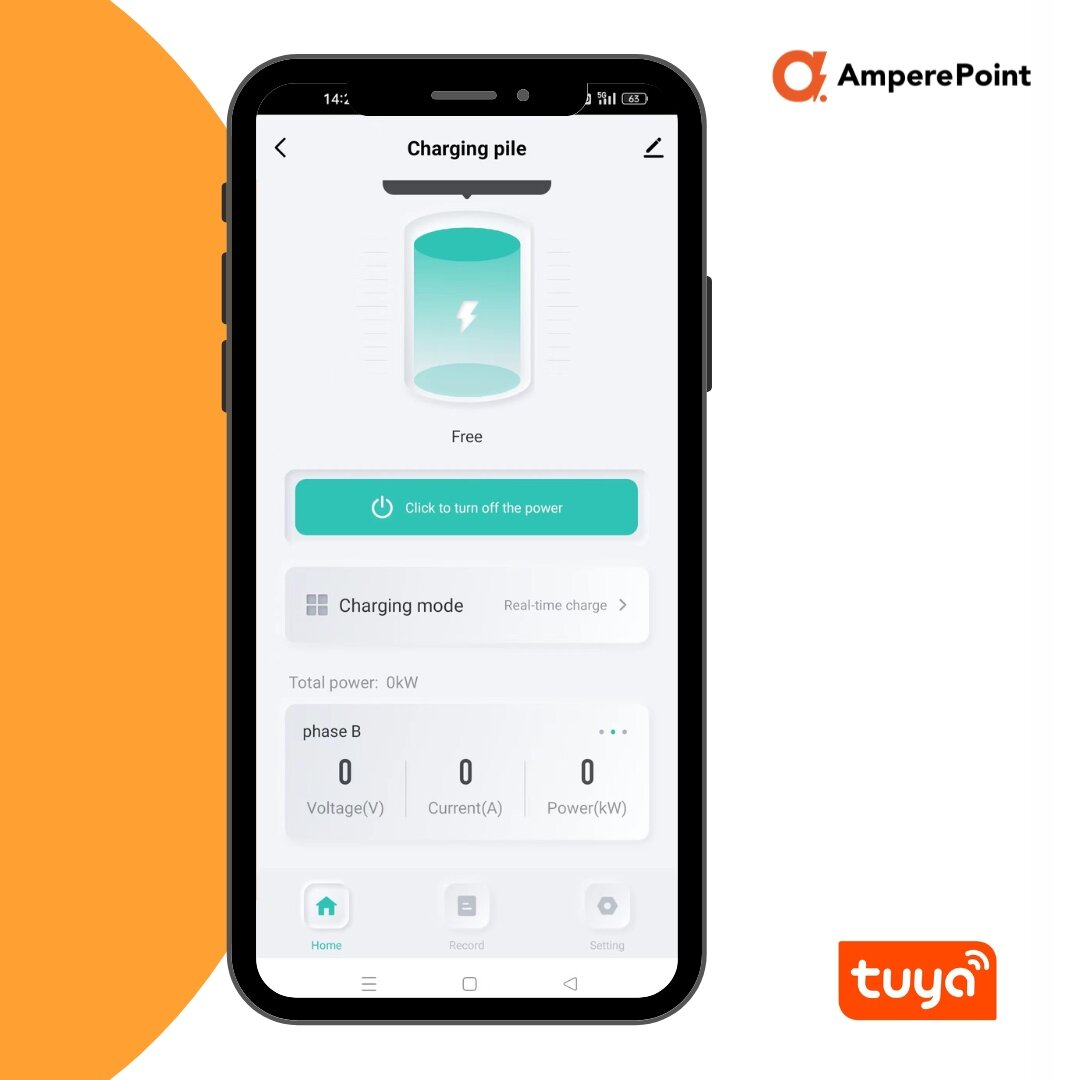 Na ekranie smartfona widoczna jest aplikacja do zarządzania ładowaniem, z ikoną baterii i przyciskiem \'Click to turn off the power\'. W prawym górnym rogu znajduje się logo \'AmperePoint\', a w prawym dolnym rogu logo \'tuya\'.