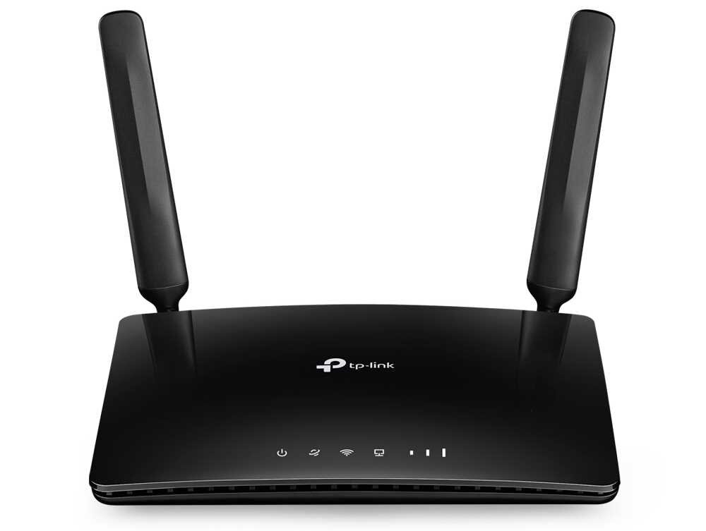 Czarny router z dwiema antenami i logo \'tp-link\' na górze. Na przednim panelu znajdują się ikony sygnalizujące zasilanie, Wi-Fi, sieć i inne funkcje.