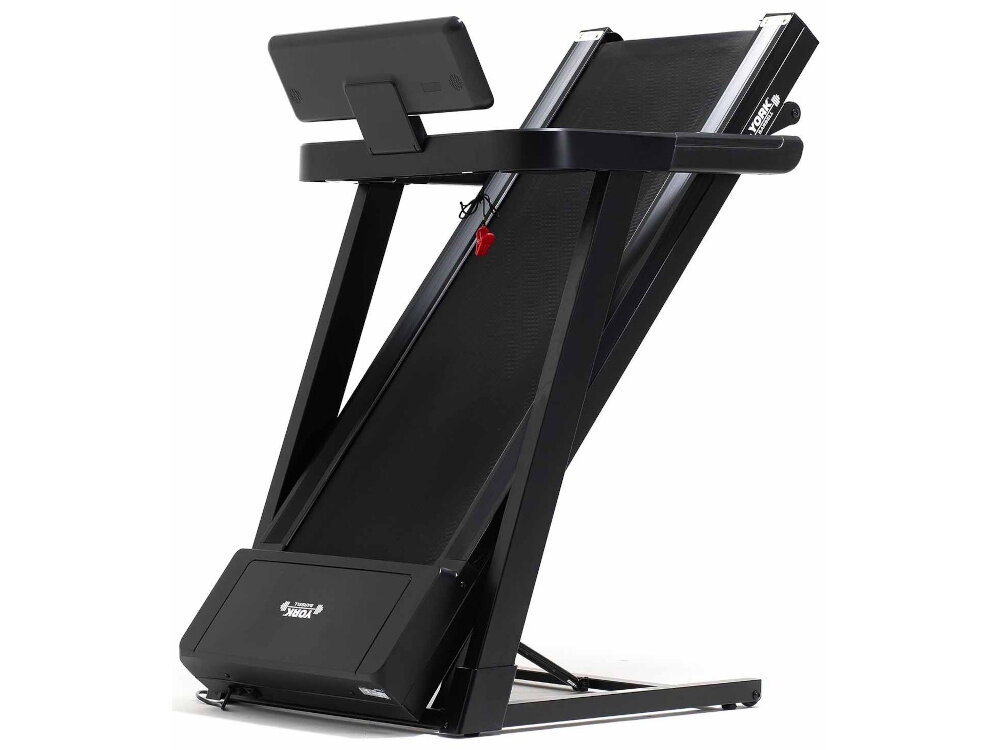 Czarna bieżnia elektryczna z wyświetlaczem i uchwytem na tablet. Na obudowie widoczne jest logo \'YORK FITNESS\'.