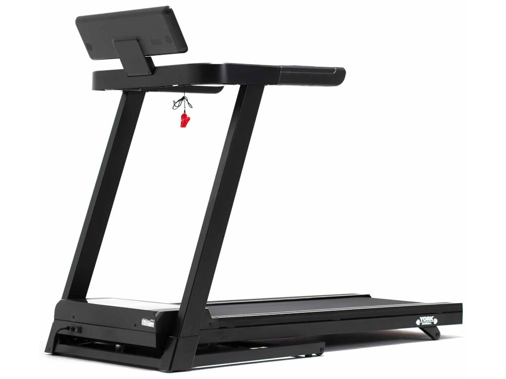 Czarna bieżnia elektryczna z panelem sterującym i uchwytem na tablet. Na podstawie widoczne jest logo \'YORK FITNESS\'.