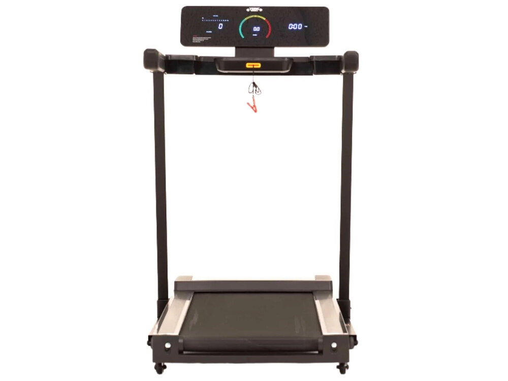 Bieżnia elektryczna z czarnym panelem sterującym, na którym widoczne są cyfry i wskaźniki. Na panelu znajduje się logo \'YORK FITNESS\'.
