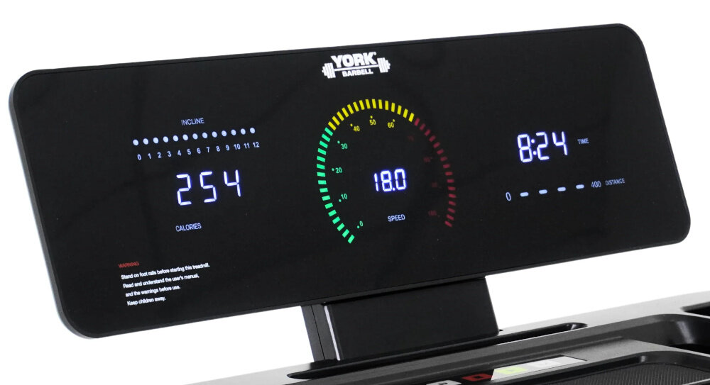 Panel sterowania bieżni elektrycznej z logo YORK FITNESS, wyświetlający informacje: 254 kalorie, 18.0 prędkość, 8:24 czas. Widoczne są także wskaźniki nachylenia i dystansu.