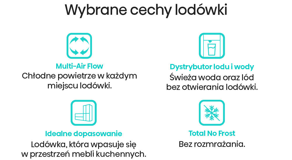 Grafika przedstawia cztery ikony z opisami cech lodówki: Multi-Air Flow, Dystrybutor lodu i wody, Idealne dopasowanie, Total No Frost. Każda ikona ma krótki opis funkcji, np. \'Chłodne powietrze w każdym miejscu lodówki\' dla Multi-Air Flow.