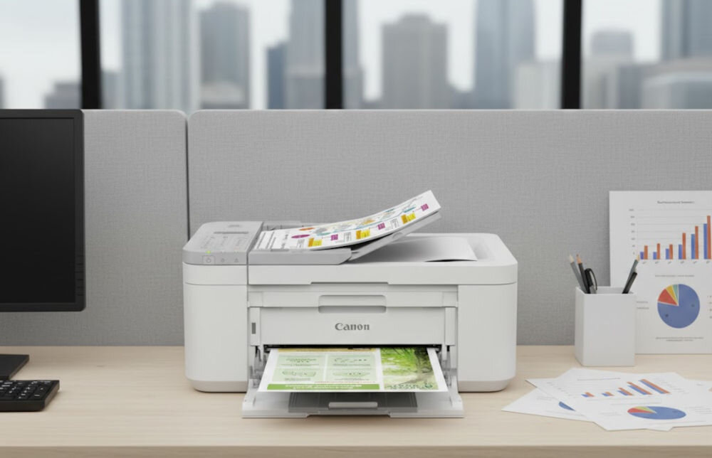 Na biurku znajduje się urządzenie wielofunkcyjne Canon, które drukuje kolorowe dokumenty. Obok widoczny jest monitor, klawiatura oraz wykresy na kartkach papieru.