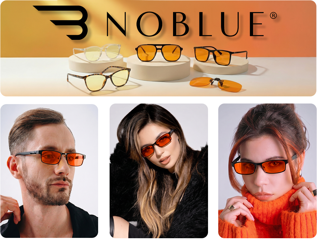 Na górze obrazu widoczne są różne modele okularów z pomarańczowymi soczewkami na białych podstawkach, z logo \'NOBLUE\' w tle. Na dole znajdują się trzy zdjęcia osób noszących te okulary.