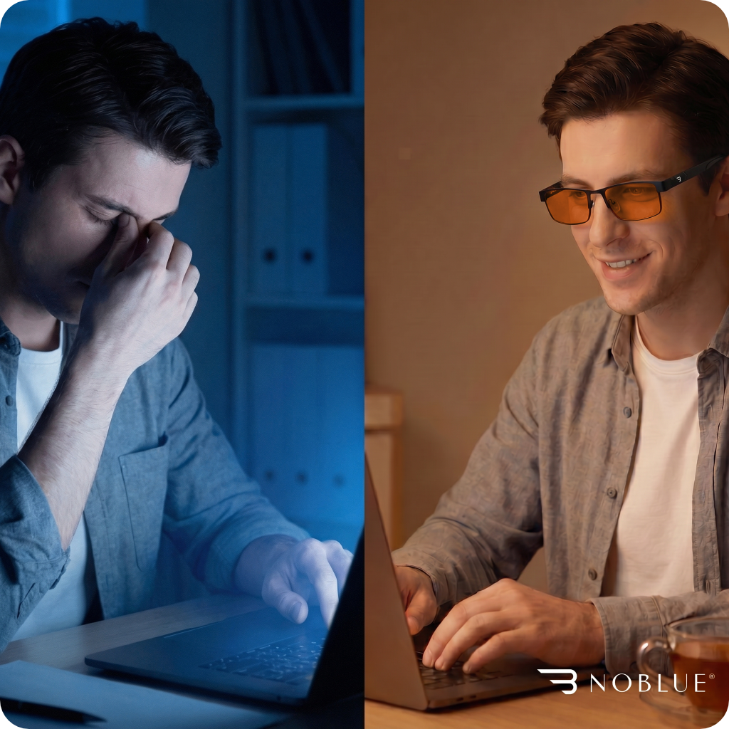 Po lewej stronie osoba siedzi przy laptopie, trzymając się za głowę w niebieskim świetle. Po prawej stronie ta sama osoba nosi okulary z pomarańczowymi soczewkami, uśmiechając się przy laptopie; widoczne jest logo \'NOBLUE\'.