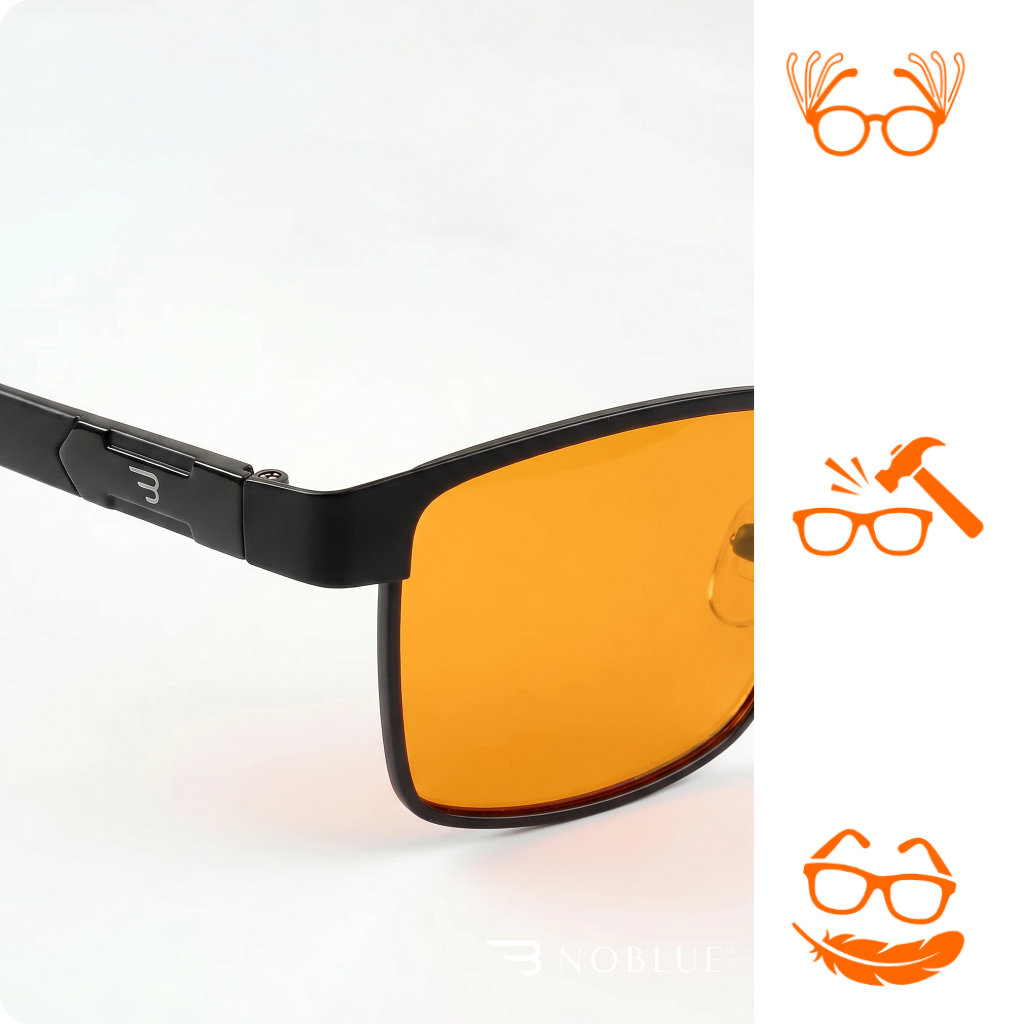 Okulary z czarną oprawką i pomarańczowymi soczewkami, z logo \'NOBLUE\' na dole. Po prawej stronie trzy pomarańczowe ikony przedstawiające okulary z różnymi symbolami: dłonie, młotek i pióro.