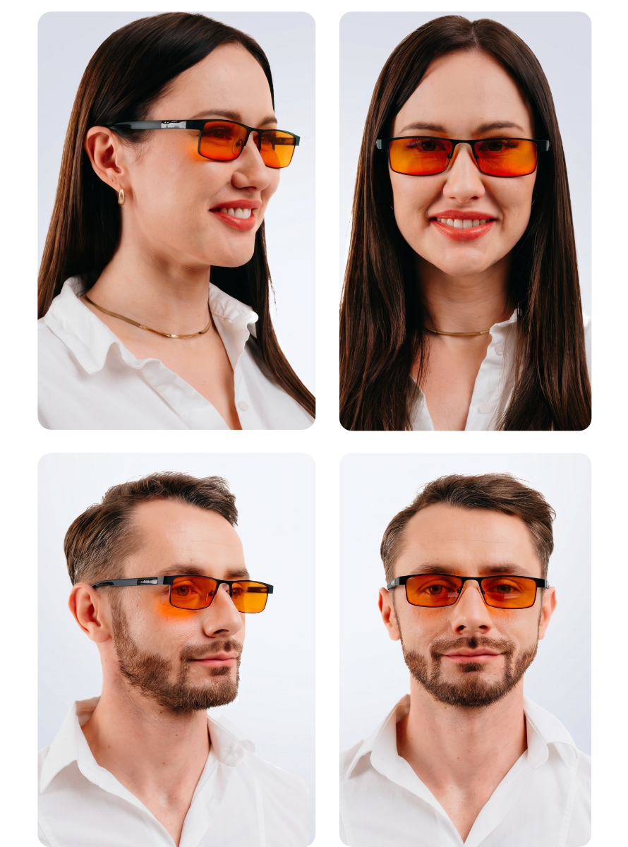 Cztery osoby noszące okulary z pomarańczowymi soczewkami, każda ubrana w białą koszulę. Okulary mają ciemne oprawki i są przeznaczone do blokowania niebieskiego światła.