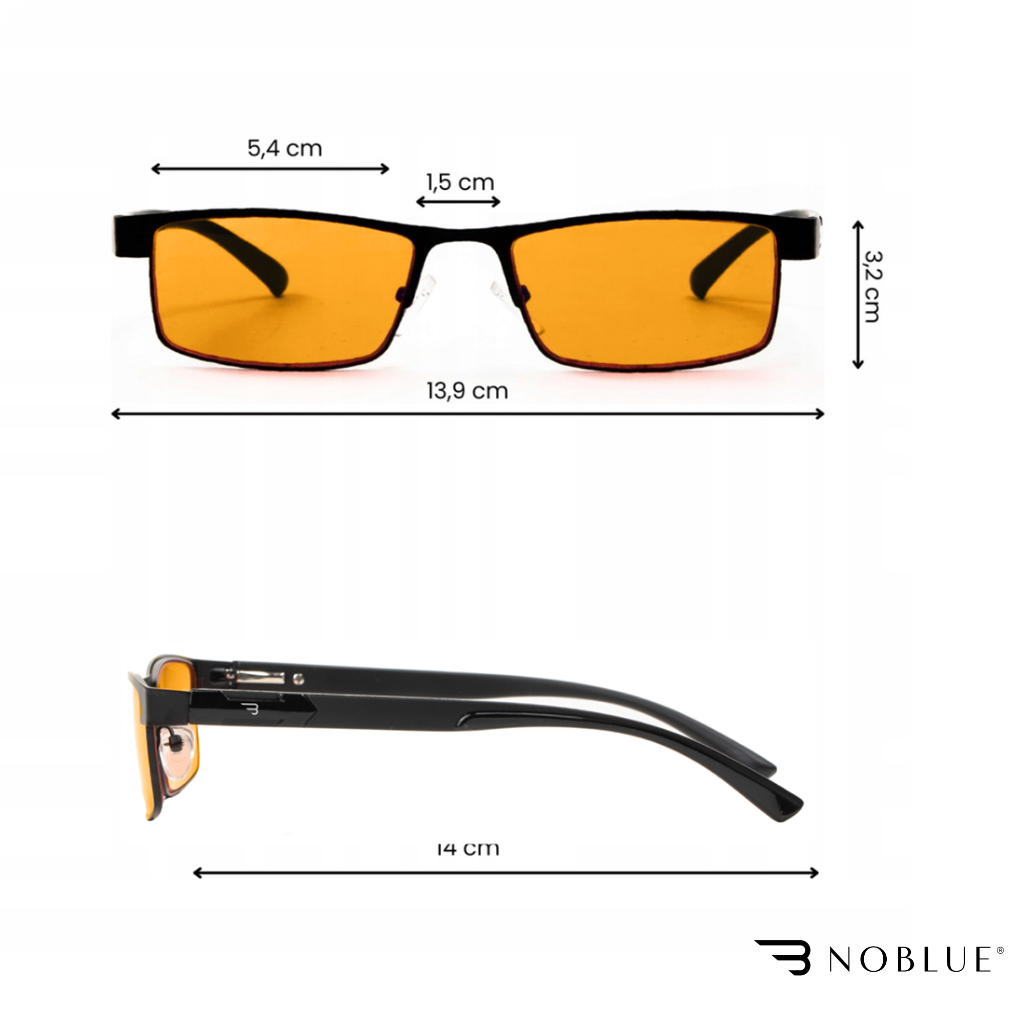 Obraz przedstawia okulary z pomarańczowymi soczewkami, z wymiarami: szerokość soczewek 5,4 cm, mostek 1,5 cm, wysokość soczewek 3,2 cm, całkowita szerokość 13,9 cm, długość zauszników 14 cm. W prawym dolnym rogu znajduje się logo \'NOBLUE\'.