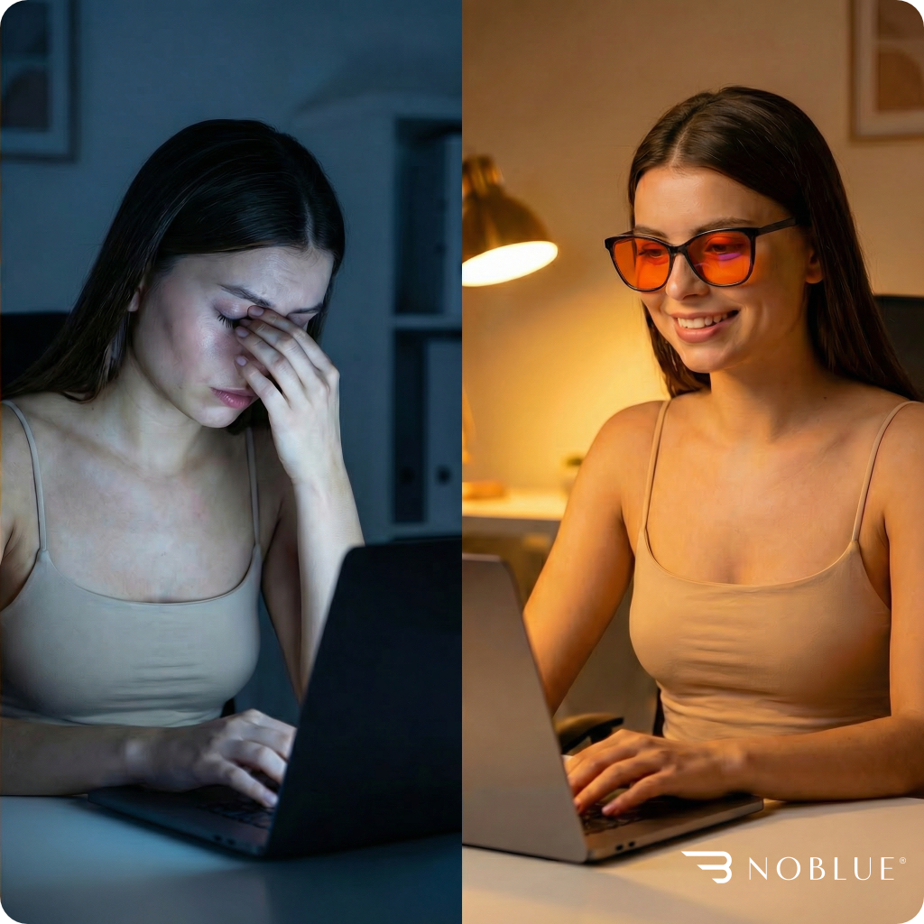 Po lewej stronie osoba siedzi przy laptopie, trzymając się za głowę w ciemnym pomieszczeniu. Po prawej stronie ta sama osoba nosi okulary z pomarańczowymi soczewkami, uśmiecha się i pracuje przy laptopie w oświetlonym pomieszczeniu; widoczne jest logo \'NOBLUE\'.