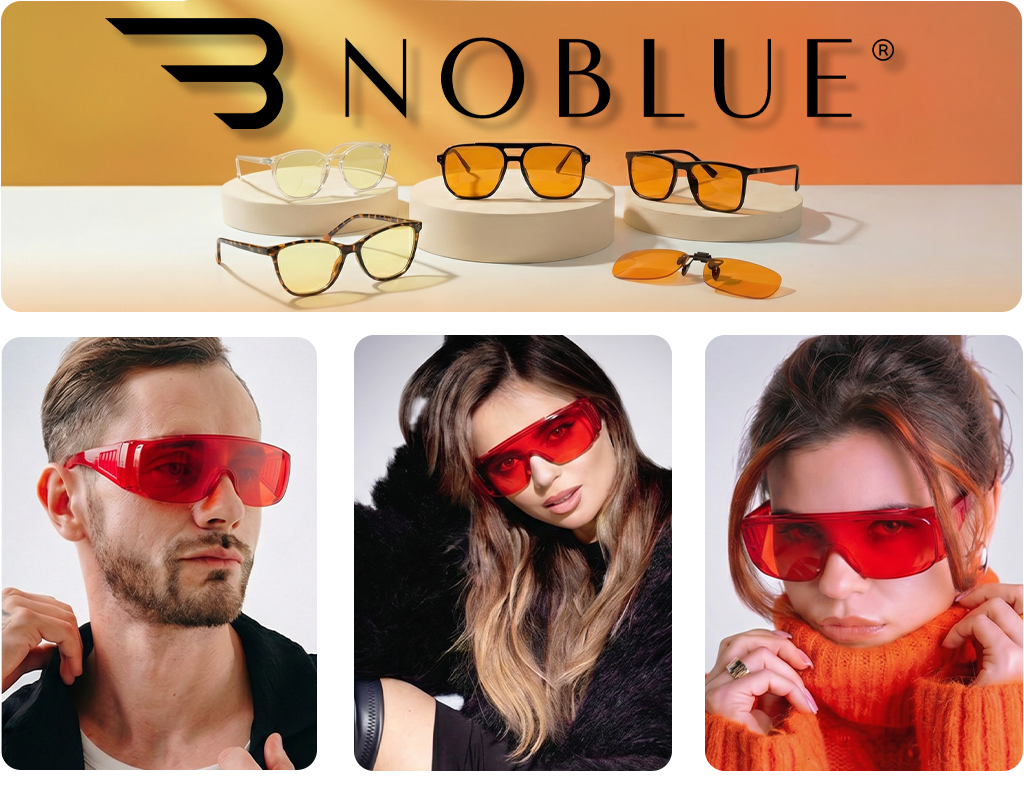 Na górze obrazu widoczne są różne modele okularów na białych podstawkach, a w tle znajduje się logo \'NOBLUE\'. Na dole znajdują się trzy zdjęcia osób noszących czerwone okulary przeciwsłoneczne.
