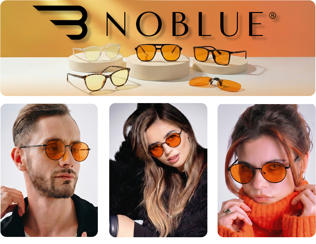 Na górze obrazu widoczne są różne modele okularów z pomarańczowymi soczewkami na białych podstawkach, z logo \'NOBLUE\' na tle w odcieniach pomarańczowego. Na dole znajdują się trzy zdjęcia osób noszących okulary z pomarańczowymi soczewkami.