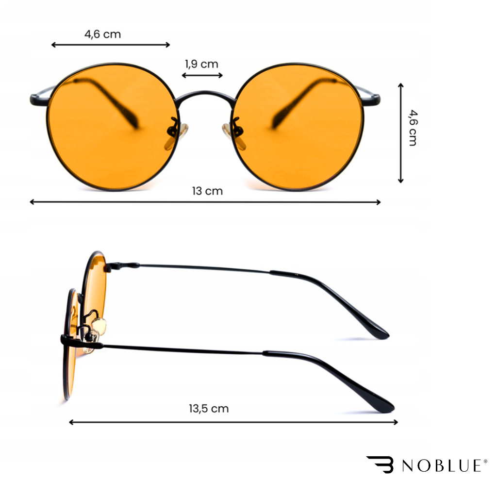 Obraz przedstawia okulary z okrągłymi, pomarańczowymi soczewkami i czarnymi oprawkami. Widoczne są wymiary: szerokość soczewek 4,6 cm, mostek 1,9 cm, szerokość całkowita 13 cm, długość zauszników 13,5 cm; logo \'NOBLUE\' w prawym dolnym rogu.