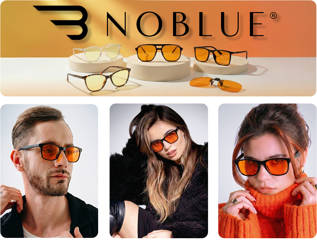 Na górze obrazu widoczne są różne modele okularów z pomarańczowymi soczewkami na białych podstawkach, z logo \'NOBLUE\' na tle gradientu pomarańczowego. Na dole znajdują się trzy zdjęcia osób noszących te okulary.