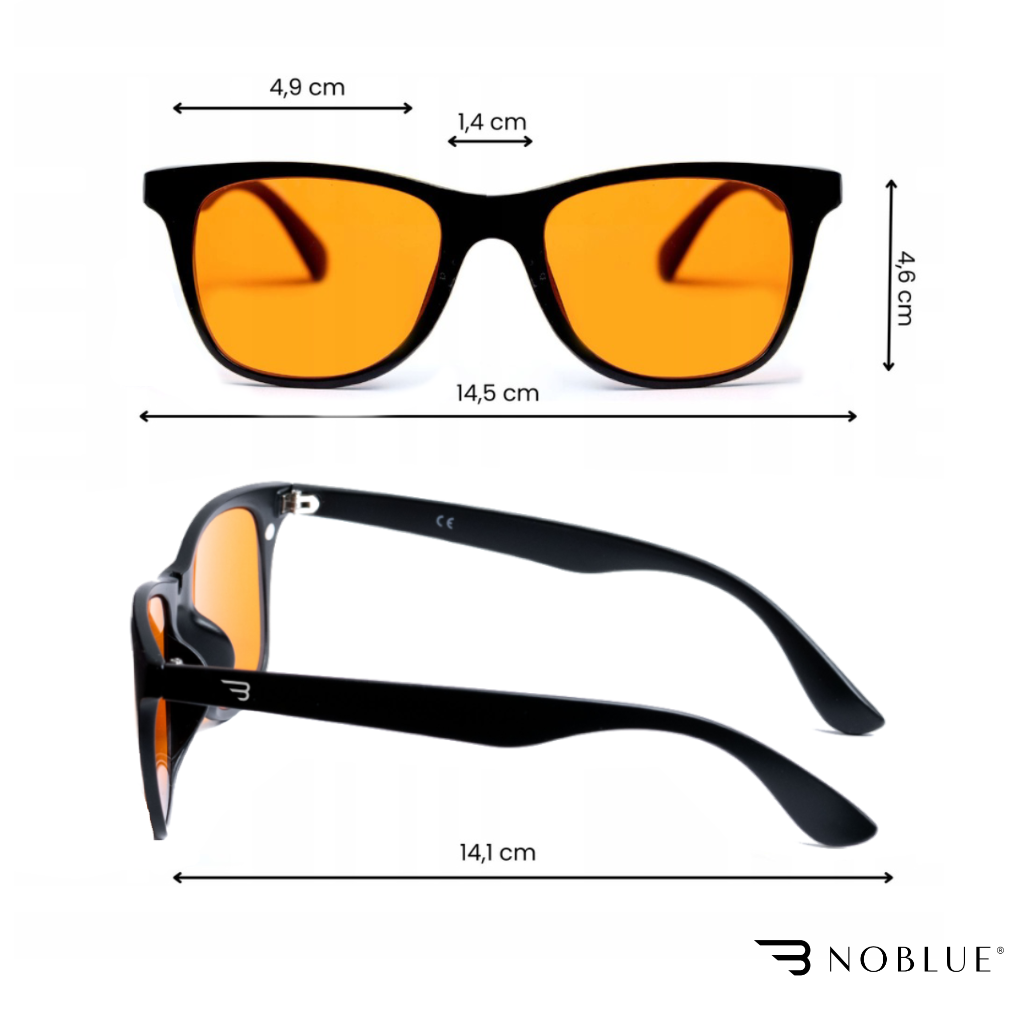 Obraz przedstawia okulary z pomarańczowymi soczewkami, z wymiarami: szerokość soczewek 4,9 cm, mostek 1,4 cm, wysokość soczewek 4,6 cm, szerokość całkowita 14,5 cm, długość zauszników 14,1 cm. W prawym dolnym rogu widoczne jest logo \'NOBLUE\'.