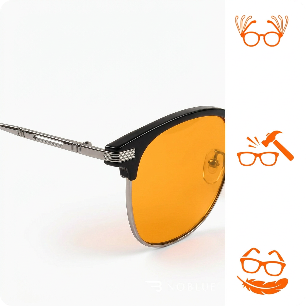 Okulary z pomarańczowymi soczewkami i metalowymi oprawkami, z logo \'NOBLUE\' w dolnym rogu. Obok znajdują się trzy pomarańczowe ikony przedstawiające okulary z różnymi symbolami.