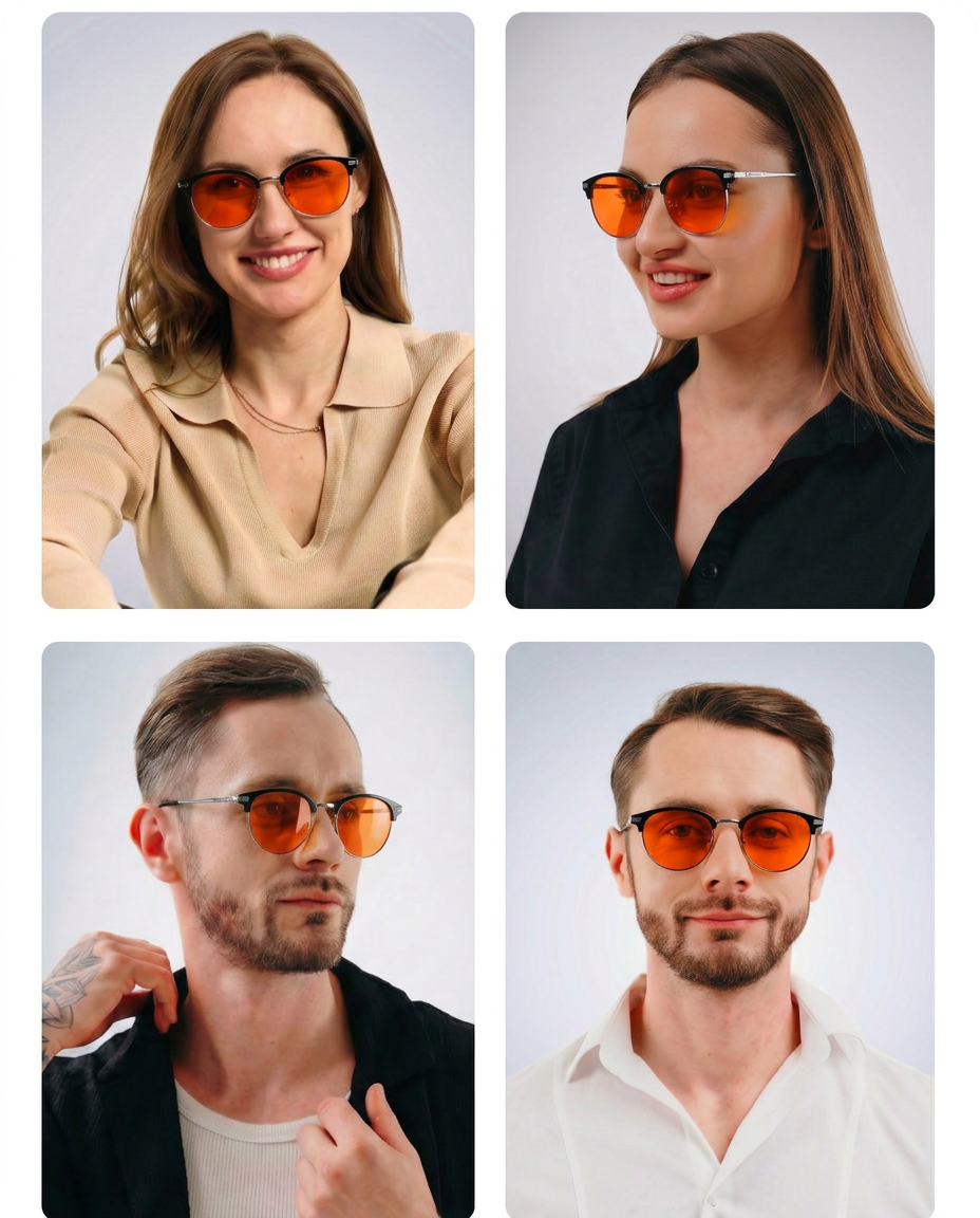 Cztery osoby noszące okulary z pomarańczowymi soczewkami, każda ubrana w różne odcienie beżu, czerni i bieli. Okulary mają cienkie oprawki i są przeznaczone do blokowania niebieskiego światła.