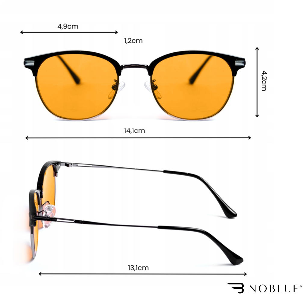 Obraz przedstawia okulary z pomarańczowymi soczewkami, z wymiarami: szerokość soczewek 4,9 cm, wysokość soczewek 4,2 cm, szerokość mostka 1,2 cm, szerokość całkowita 14,1 cm, długość zauszników 13,1 cm. W prawym dolnym rogu widoczne jest logo \'NOBLUE\'.