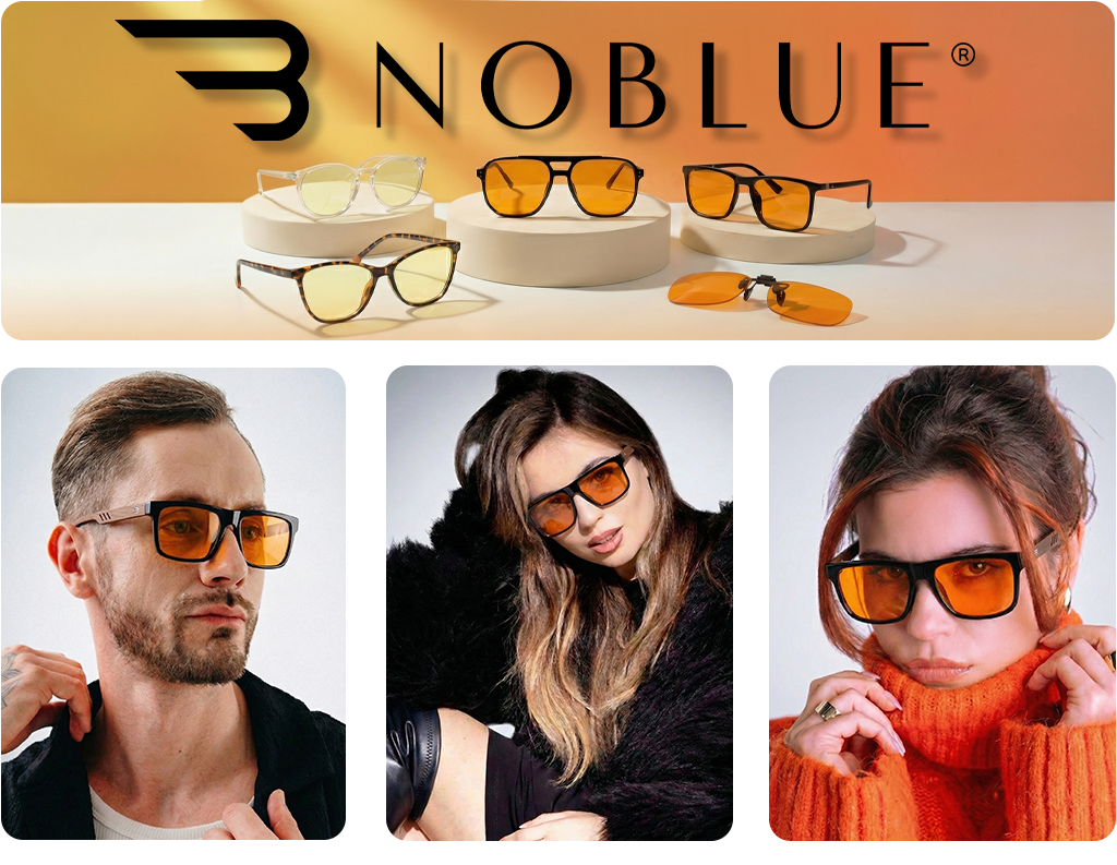 Na górze obrazu widoczne są różne modele okularów z pomarańczowymi soczewkami na białych podstawkach, z logo \'NOBLUE\' w tle. Na dole znajdują się trzy zdjęcia osób noszących te okulary.
