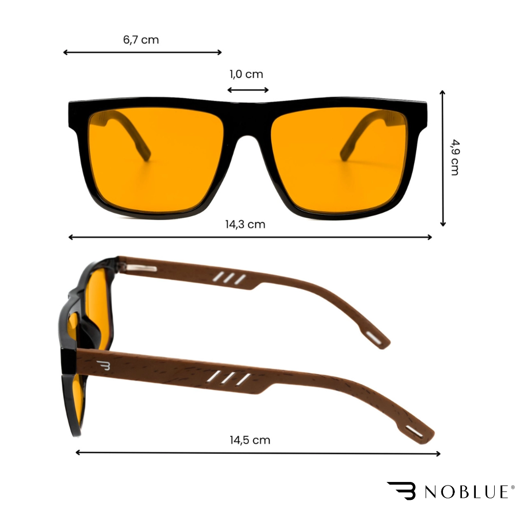 Obraz przedstawia okulary z pomarańczowymi soczewkami i czarnymi oprawkami, z wymiarami: szerokość soczewek 6,7 cm, wysokość 4,9 cm, szerokość mostka 1,0 cm, całkowita szerokość oprawek 14,3 cm, długość zauszników 14,5 cm. W prawym dolnym rogu widoczne jest logo \'NOBLUE\'.