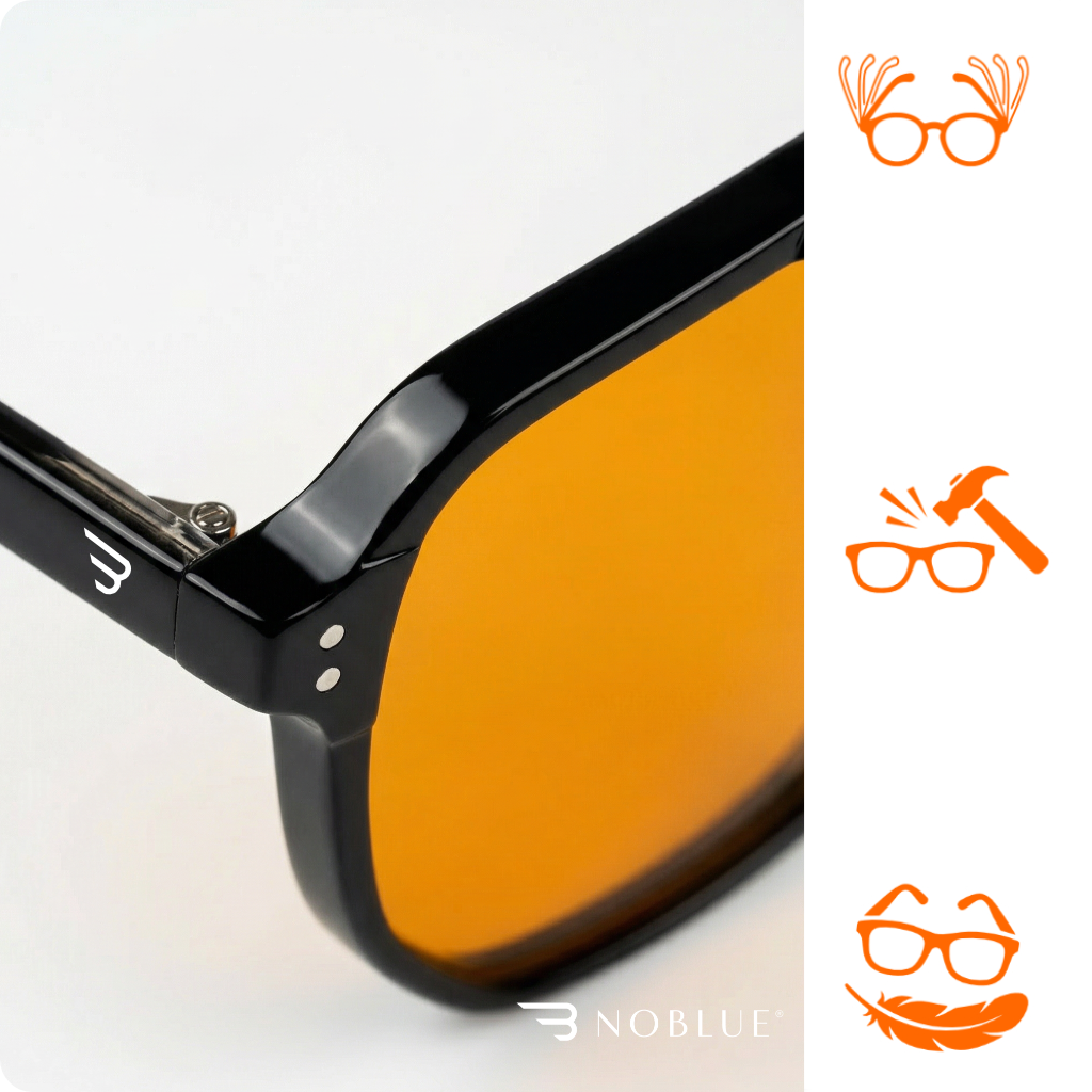 Okulary z czarną oprawką i pomarańczowymi soczewkami, z logo \'NOBLUE\' na zauszniku. Po prawej stronie widoczne są trzy pomarańczowe ikony przedstawiające okulary z różnymi symbolami.