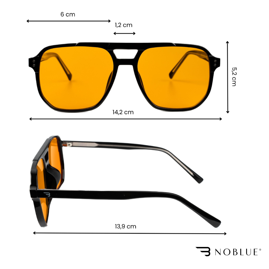 Obraz przedstawia okulary z pomarańczowymi soczewkami, z wymiarami: szerokość 14,2 cm, wysokość 5,2 cm, długość zausznika 13,9 cm. W prawym dolnym rogu widoczne jest logo \'NOBLUE\'.