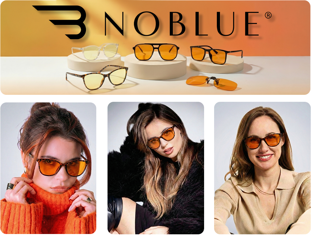 Na górze obrazu widoczne są różne modele okularów z pomarańczowymi soczewkami na białych podstawkach, z logo \'NOBLUE\' w tle. Na dole znajdują się trzy osoby noszące te okulary, każda w innym stylu ubrania.
