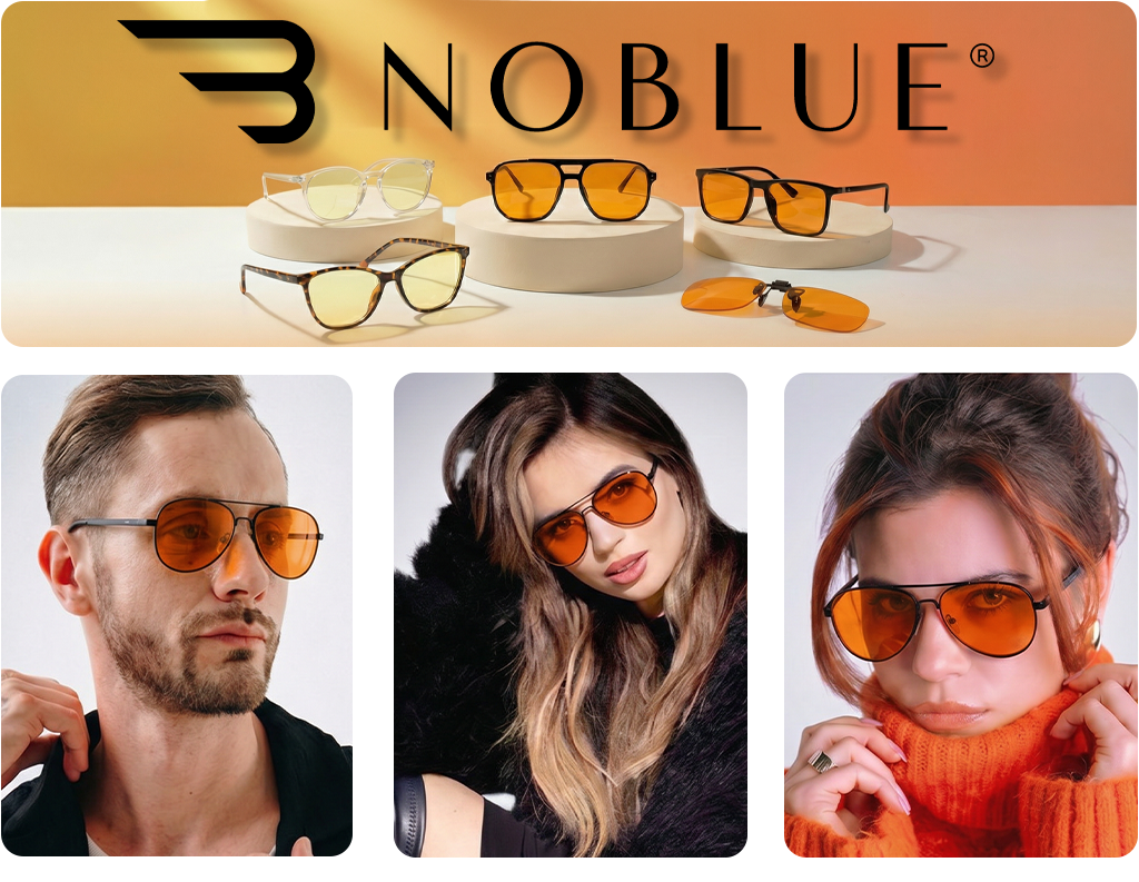 Na górze obrazu widoczne są różne modele okularów z pomarańczowymi soczewkami na białych podstawkach, z logo \'NOBLUE\' w tle. Na dole znajdują się trzy zdjęcia osób noszących te okulary.