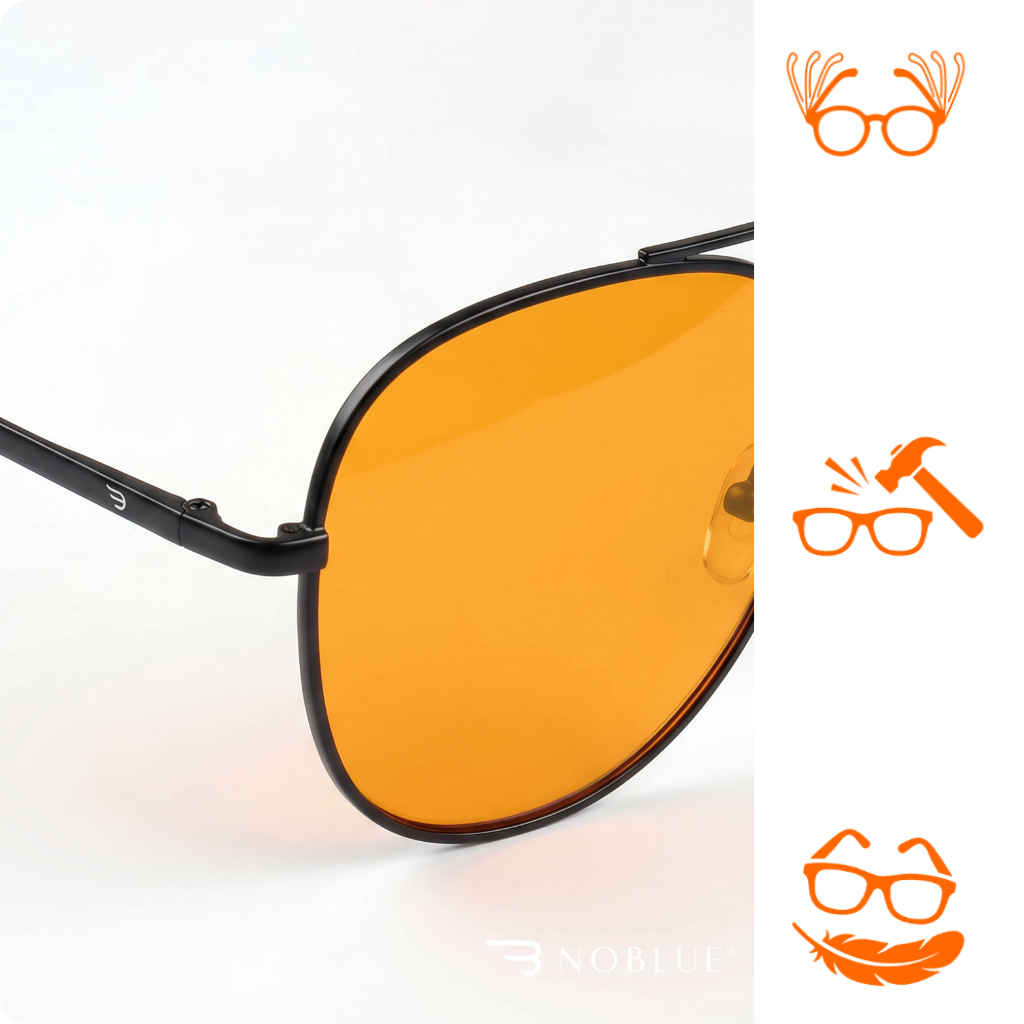 Okulary z pomarańczowymi soczewkami i czarną oprawką, z logo \'NOBLUE\' w dolnym rogu. Obok znajdują się trzy pomarańczowe ikony przedstawiające okulary z różnymi symbolami.