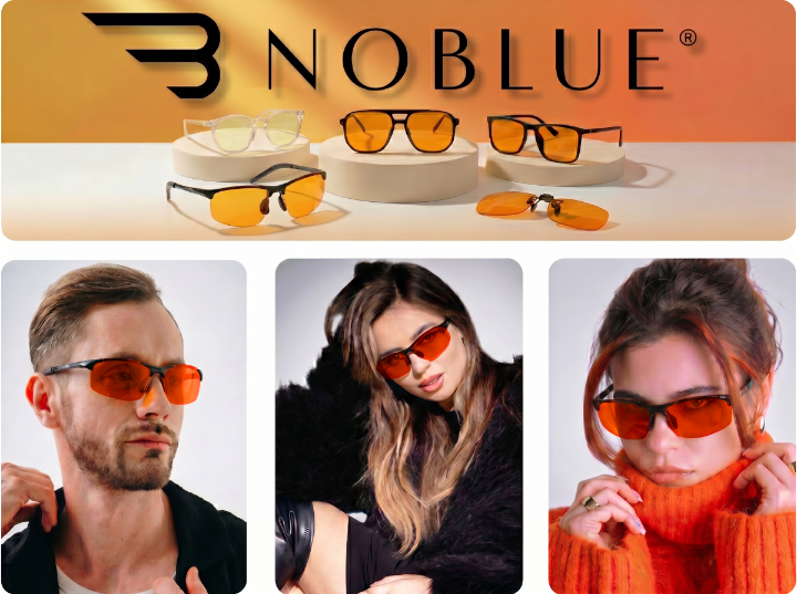Na górze obrazu widoczne są okulary z pomarańczowymi soczewkami na białych podstawkach, a nad nimi logo \'NOBLUE\'. Poniżej znajdują się trzy zdjęcia osób noszących te okulary.