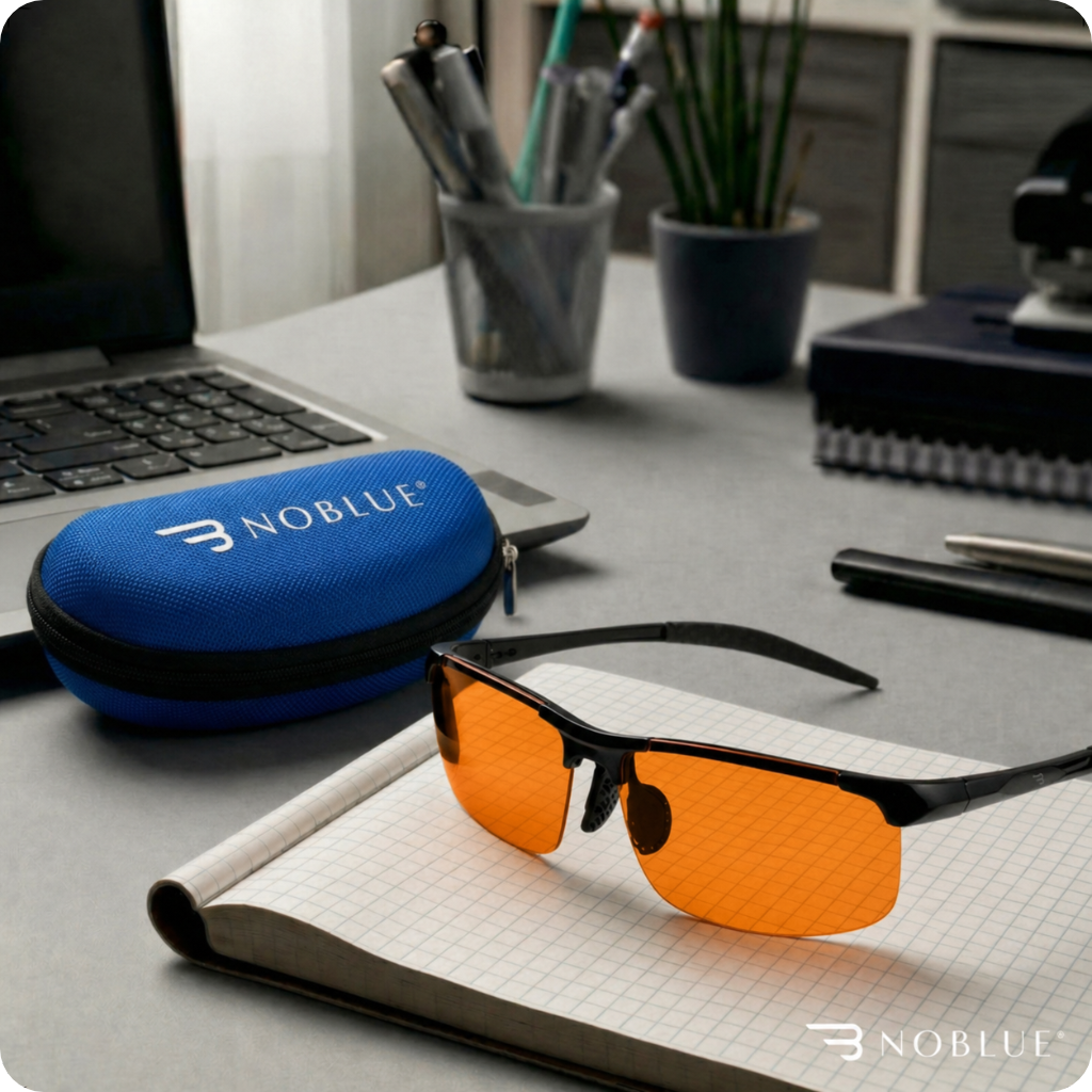 Na biurku leżą okulary z pomarańczowymi soczewkami na otwartym notesie w kratkę. Obok znajduje się niebieskie etui z napisem \'NOBLUE\', a w tle widać laptopa i pojemnik z przyborami do pisania.