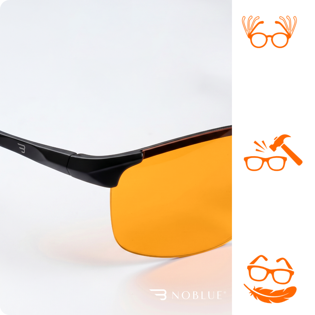 Okulary z pomarańczowymi soczewkami i czarnymi oprawkami, z logo \'NOBLUE\' widocznym na dole. Po prawej stronie znajdują się trzy pomarańczowe ikony przedstawiające okulary z różnymi symbolami.