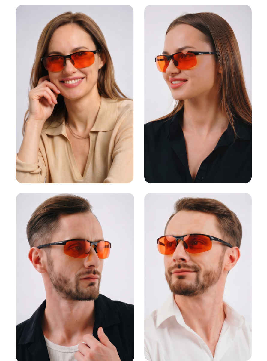 Cztery osoby noszące okulary z pomarańczowymi soczewkami, każda ubrana w różne odcienie beżu i czerni. Okulary mają ciemne oprawki i są przeznaczone do blokowania niebieskiego światła.