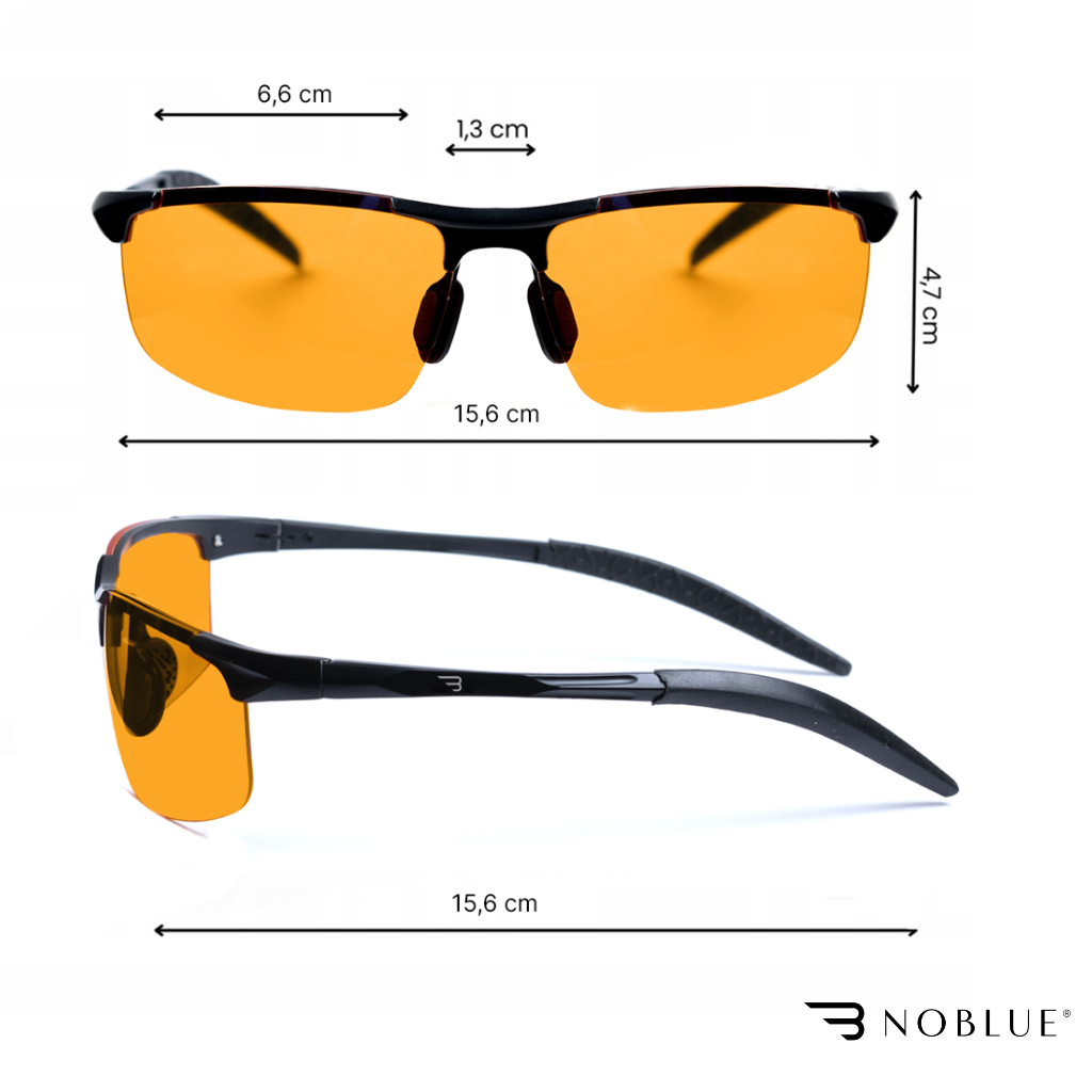 Obraz przedstawia okulary z pomarańczowymi soczewkami, z wymiarami: szerokość soczewek 6,6 cm, mostek 1,3 cm, szerokość całkowita 15,6 cm, wysokość soczewek 4,7 cm. W prawym dolnym rogu znajduje się logo \'NOBLUE\'.