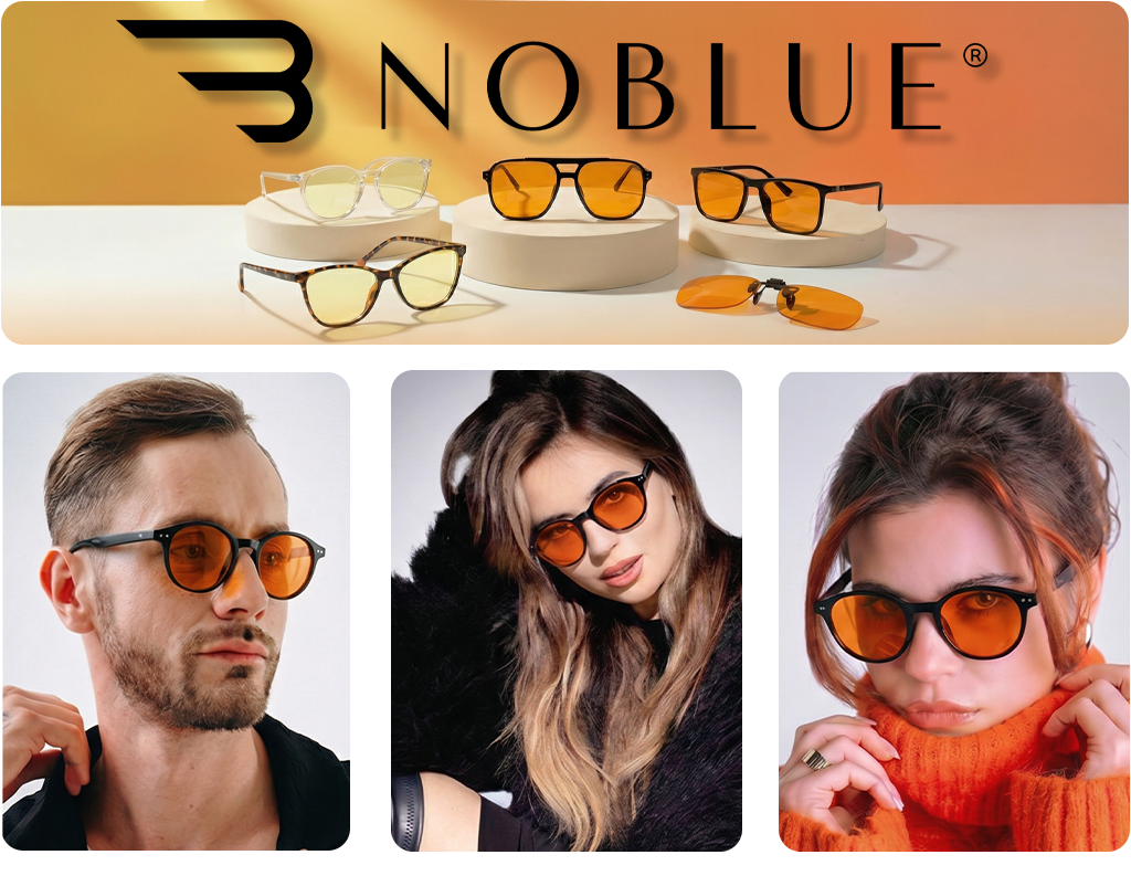 Na górze obrazu widoczne są różne modele okularów z pomarańczowymi soczewkami na białych podstawkach, z logo \'NOBLUE\' na tle w odcieniach pomarańczowego. Poniżej znajdują się trzy zdjęcia osób noszących te okulary.