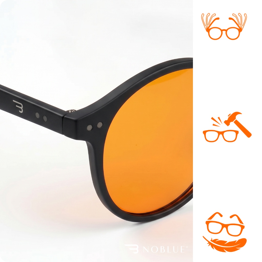 Okulary z czarną oprawką i pomarańczowymi soczewkami, z logo \'NOBLUE\' na dole. Po prawej stronie trzy pomarańczowe ikony przedstawiające okulary z różnymi symbolami.