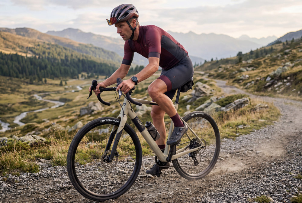 Osoba jedzie na rowerze gravelowym po kamienistej ścieżce w górskim terenie. Rower ma piaskowy kolor i jest wyposażony w opony z napisem \'Vittoria Terreno\'.