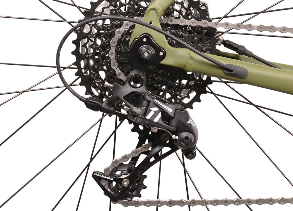 Zdjęcie przedstawia mechanizm przerzutki rowerowej z widocznym napisem \'SRAM\' oraz \'Exact Actuation\'. Elementy są w kolorze czarnym i zielonym.