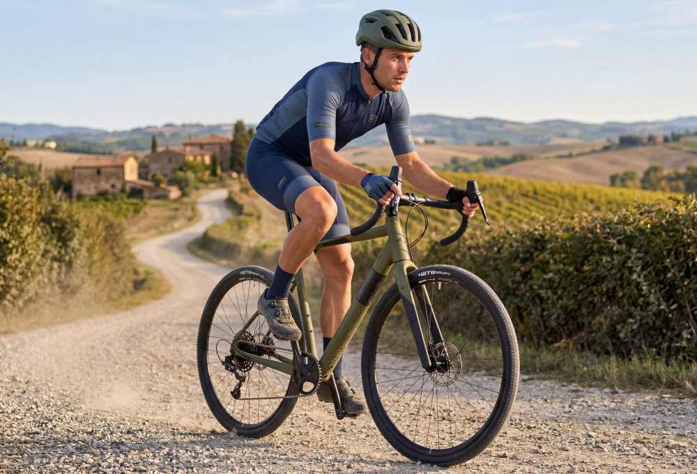 Osoba jedzie na zielonym rowerze gravelowym po żwirowej drodze, w tle widać wiejski krajobraz z polami i budynkami. Rowerzysta ma na sobie kask i sportowy strój.
