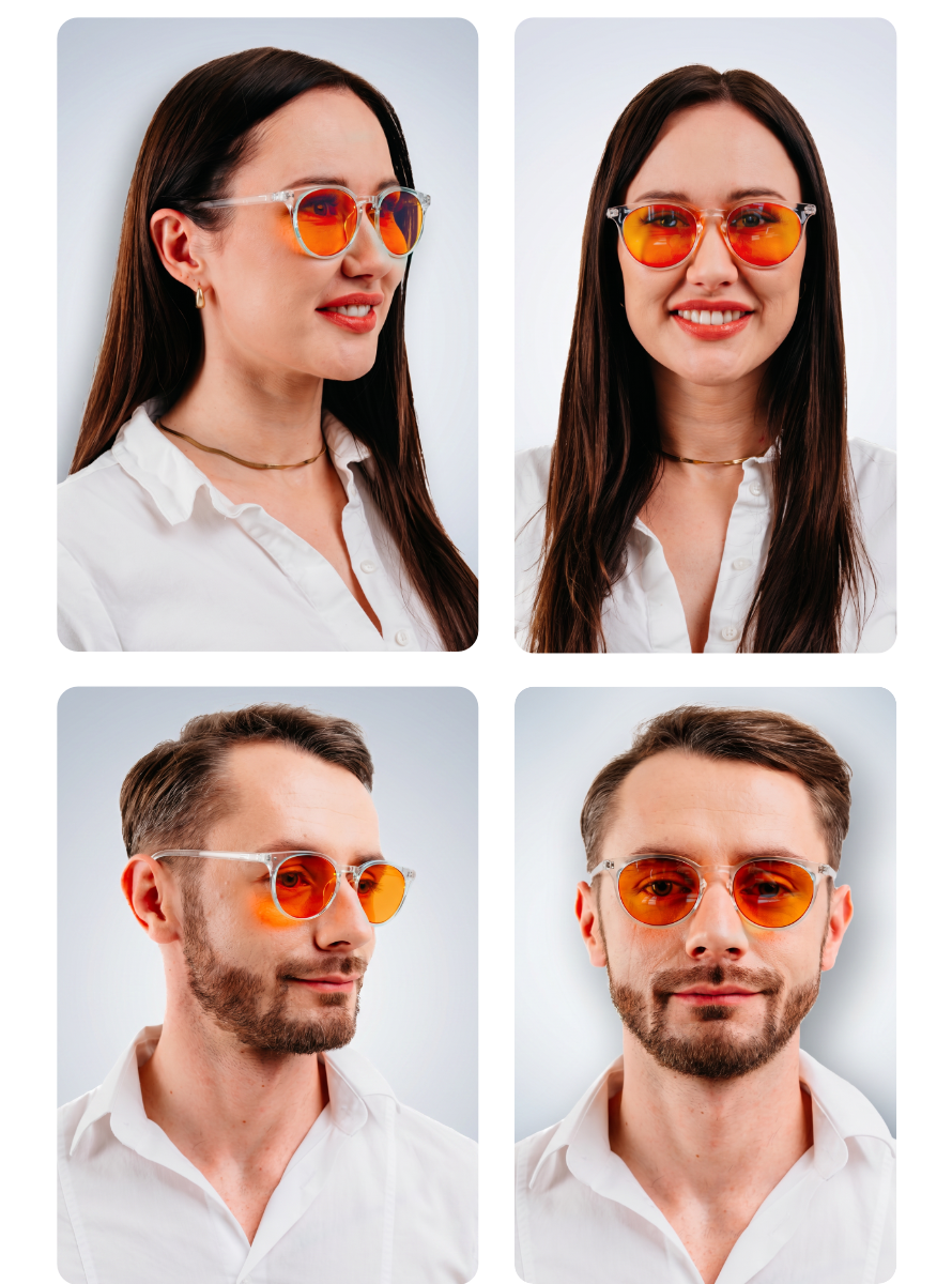 Cztery zdjęcia przedstawiające dwie osoby noszące okulary z pomarańczowymi soczewkami. Osoby mają na sobie białe koszule i są sfotografowane na jasnym tle.