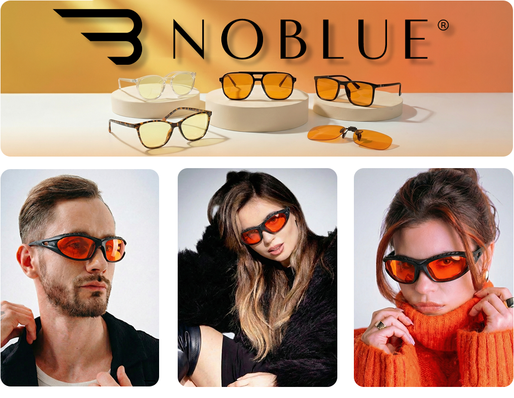 Na górze obrazu widoczne są różne modele okularów z pomarańczowymi soczewkami na białych podstawkach, z logo \'NOBLUE\' powyżej. Na dole znajdują się trzy zdjęcia osób noszących okulary z pomarańczowymi soczewkami.