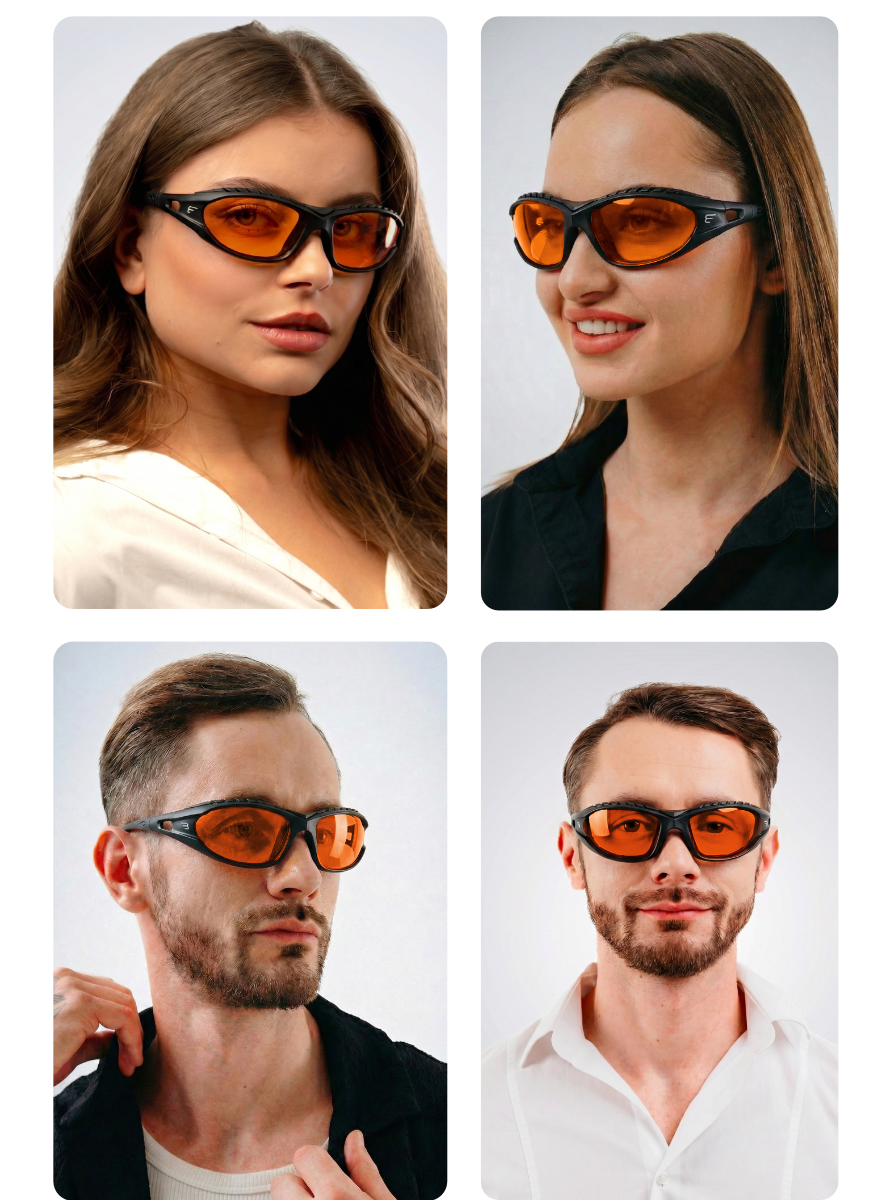 Cztery osoby noszące okulary z pomarańczowymi soczewkami, które blokują niebieskie światło. Każda osoba ma na sobie elegancką koszulę.