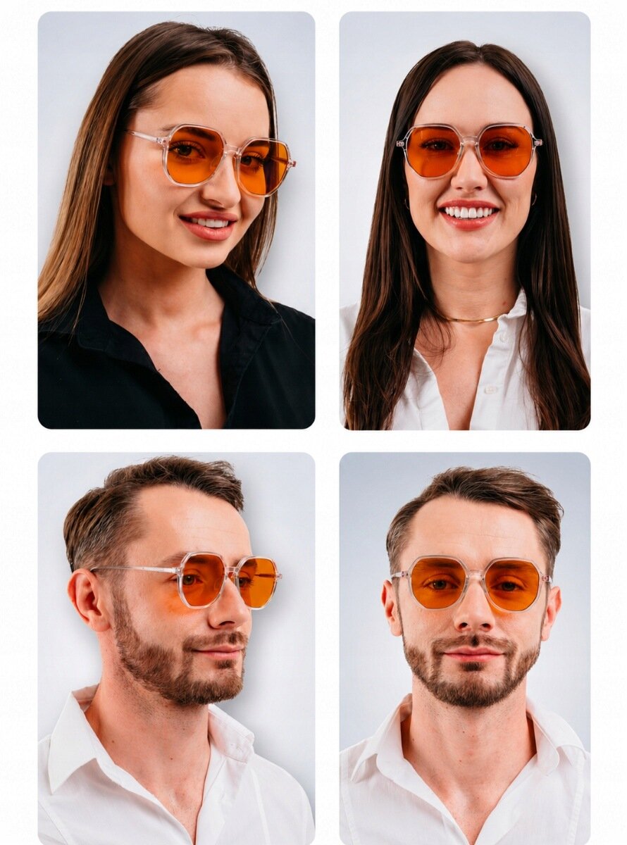 Cztery osoby noszące okulary z pomarańczowymi soczewkami, każda z nich ubrana w koszulę. Okulary mają sześciokątny kształt i przezroczyste oprawki.