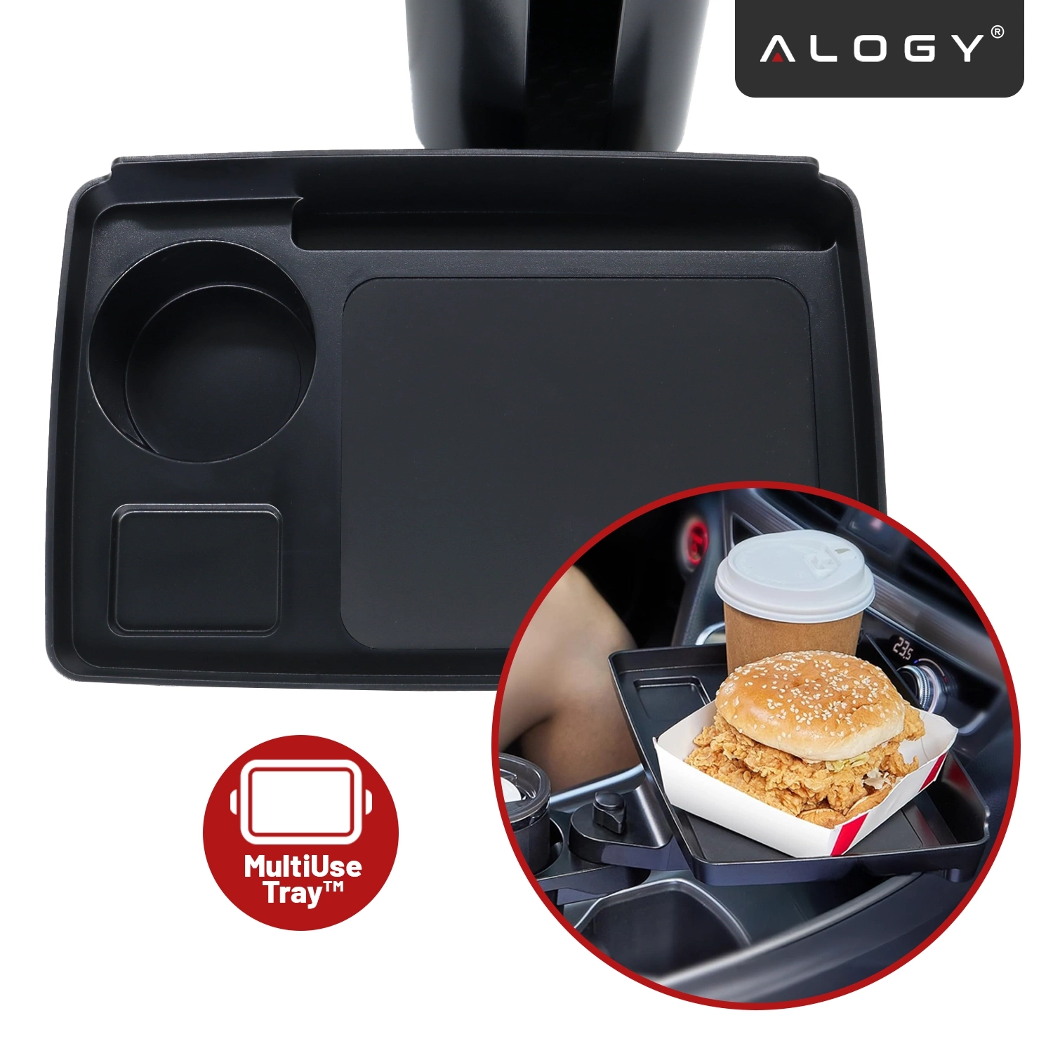 Czarny uchwyt na kubek i butelkę z obrotowym stoliczkiem, z logo \'ALOGY\' w rogu. Na stoliczku znajduje się burger i kubek z napojem, a obok widoczny jest symbol \'MultiUse Tray\'.